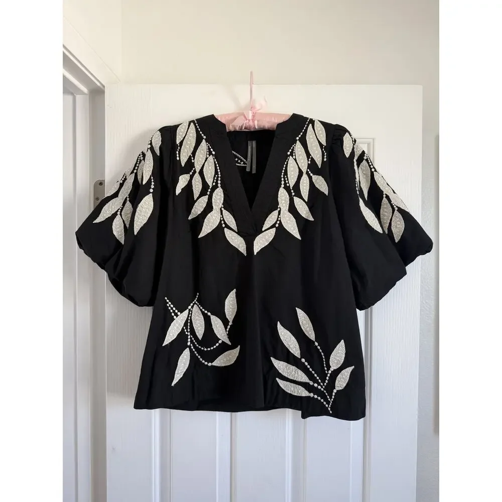 Anthropologie Embroidered V-Neck Puff Sleeve Blouse Size L